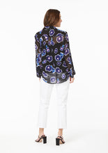 Load image into Gallery viewer, Back view. Poppy Play Black Vicki Shirt. The collar and yoke are lined, complimenting the black camisole,and showing off the sheer area at the upper back. The long sleeves are also sheer and fall to the base of the hand, just past the wrist. There is a bias seam at the elbow, creating a lower blouson sleeve between the elbow and wrist.